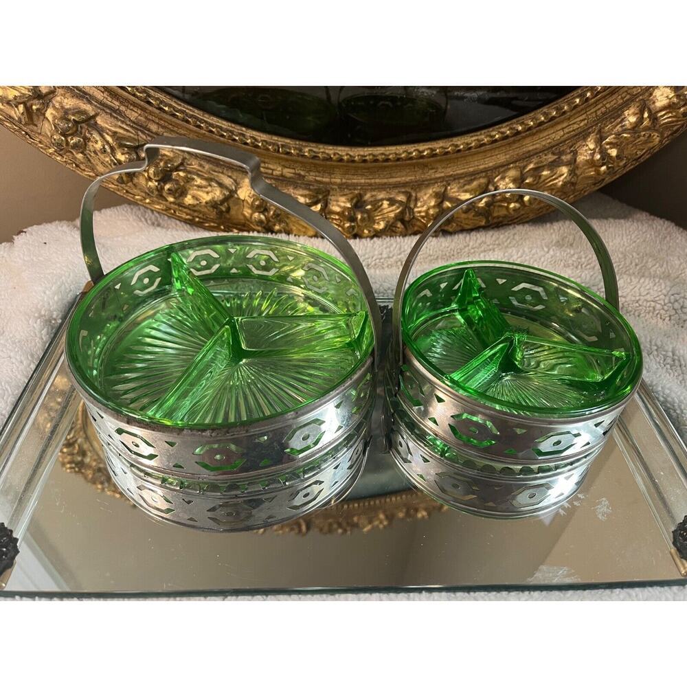 Vintage Depression Green Glass Divided Candy Nut Relish Dish w/ Metal Carrier 2